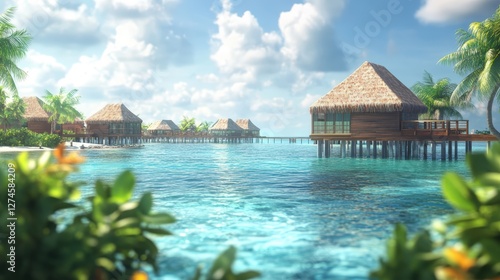 Tropical Paradise: Picturesque overwater bungalows in a tropical paradise. Experience the serenity of crystal-clear turquoise waters, swaying palm trees, and luxurious island living.
