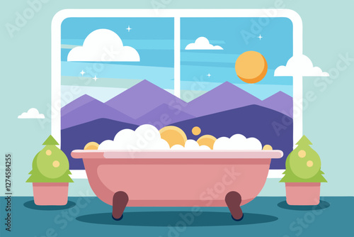 Clawfoot Bathtub Vector with Bubbles & Scenic Window View