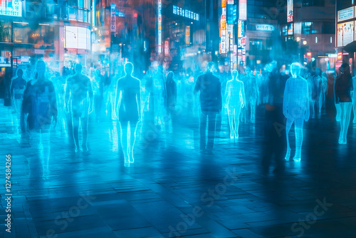 Digital blue avatar projections in urban area. Generative AI