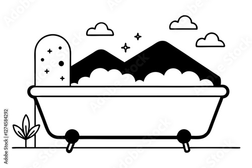Clawfoot Bathtub Vector with Bubbles & Scenic Window View