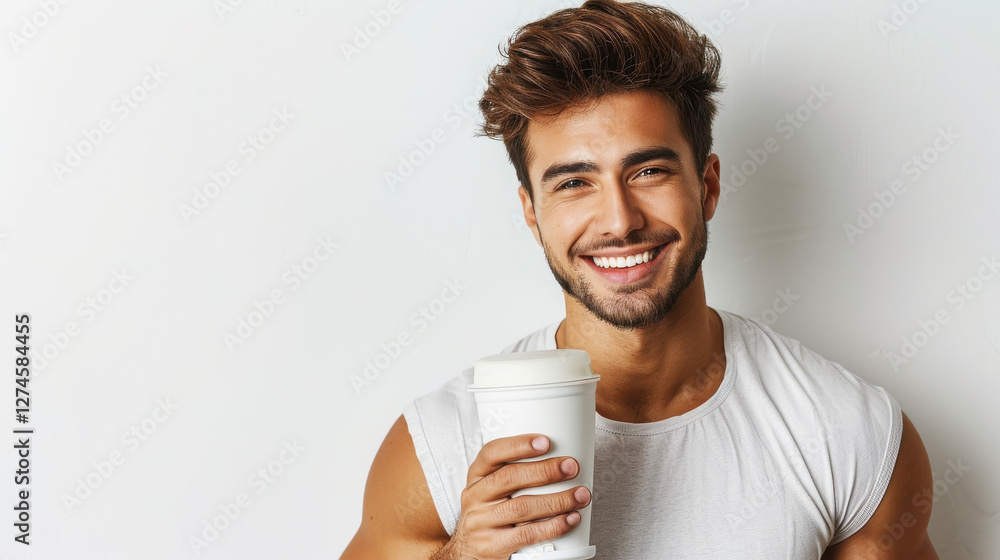 Realistic portrait of a handsome and healthy man holding a healthy whey protein shaker with a healthy smile, white background.