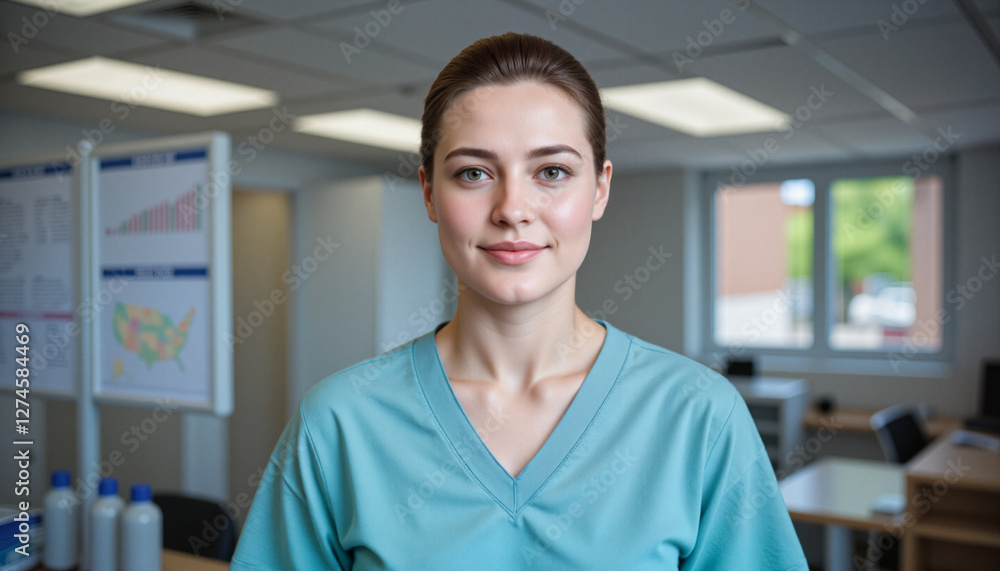 Fototapeta premium Kind-hearted female volunteer in medical center with caring expression, promoting health and service