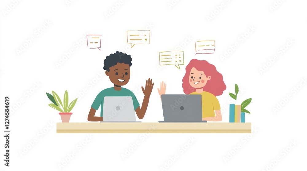 Diverse children collaborating online, discussing project, home office setting, for education Diverse children collaborating online, discussing project, home office setting, for education