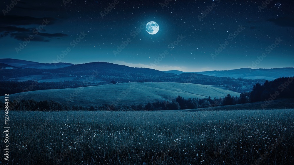 Fototapeta premium Nighttime Landscape Rolling Hills Under Full Moon And Stars