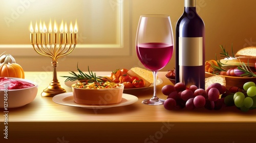 A classic Hanukkah celebration banner with a table set for the holiday, featuring menorah, wine, and traditional foods. photo