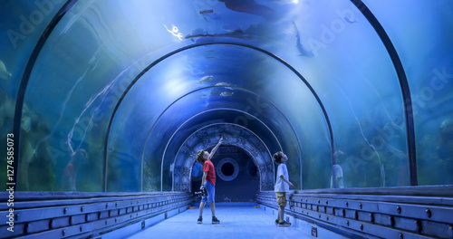 Two little kids enjoy the visit to the Aquarium