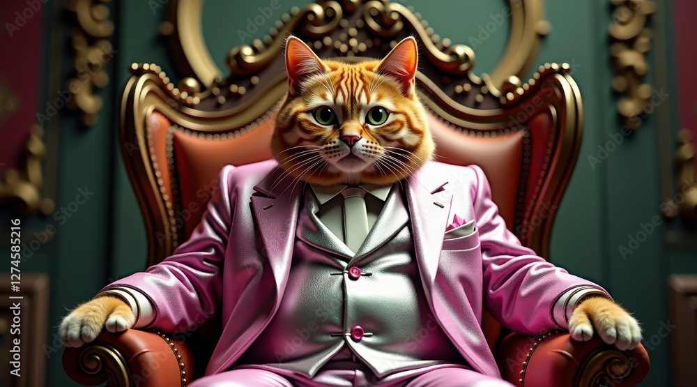 Fototapeta premium A charming cat in a glamorous pink suit reclines in a lavish throne, merging comedic flair with a regal sense of style.