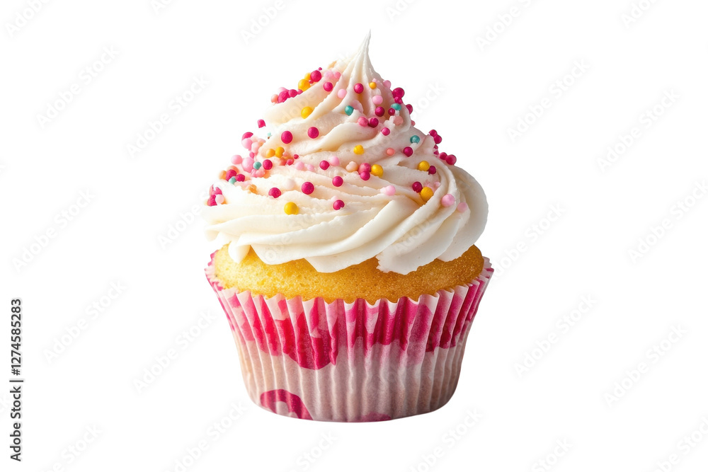Delightful vanilla cupcake topped with fluffy frosting and colorful sprinkles on a white background isolated on transparent background Delightful vanilla cupcake topped with fluffy frosting and colorful sprinkles on a white background isolated on transparent background