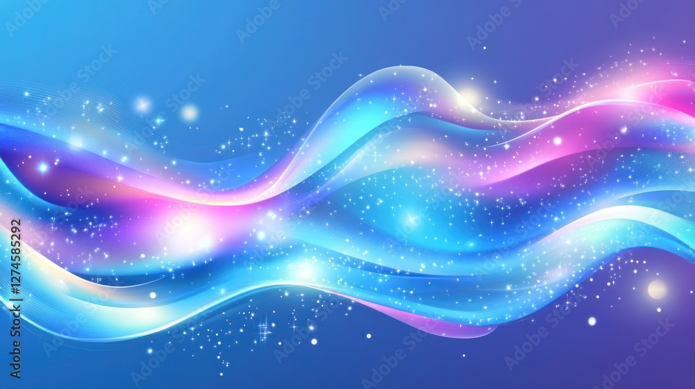 Abstract glowing wave with vibrant colors and sparkles on a blue background. Abstract glowing wave with vibrant colors and sparkles on a blue background.