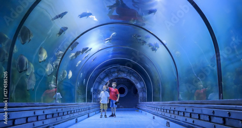 Two little boys enjoy discovering underwater marine wildlife at the aquarium