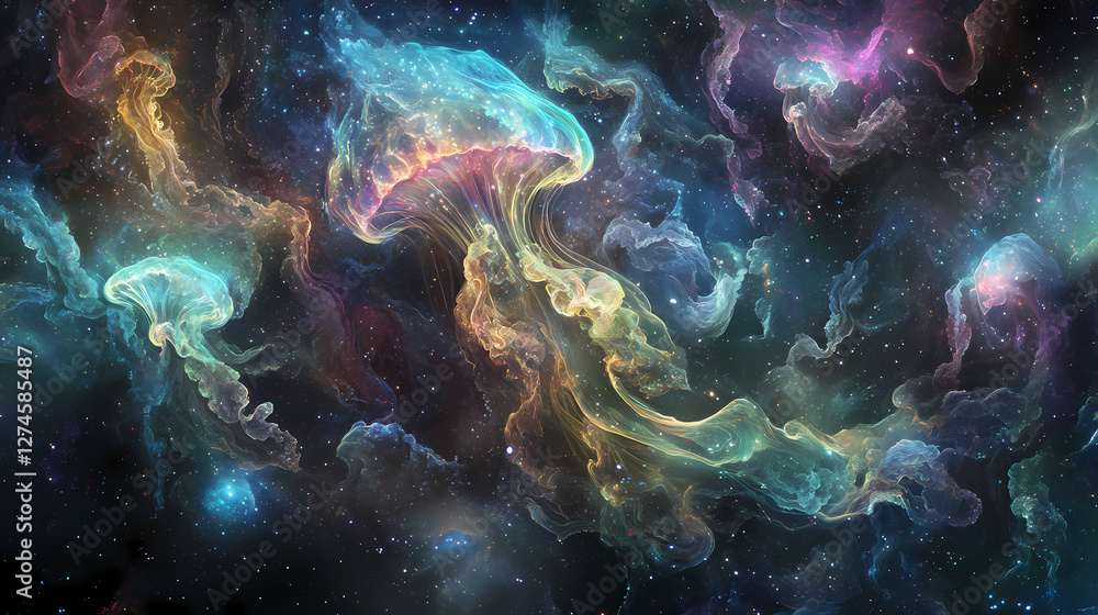 Bioluminescent jellyfish-like alien floating in deep space, intricate translucent textures, glowing pastel colors, surreal cosmic background. Surreal Translucent Creatures. Illustration Bioluminescent jellyfish-like alien floating in deep space, intricate translucent textures, glowing pastel colors, surreal cosmic background. Surreal Translucent Creatures. Illustration