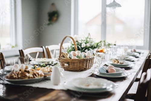 Wallpaper Mural Elegant Easter brunch table setting with basket of pastel colored eggs Torontodigital.ca