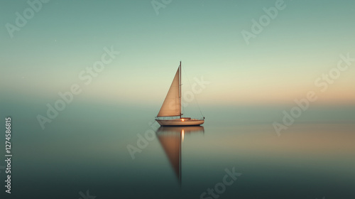 Serene sailboat gliding across calm waters at sunset with soft pastel colors reflecting in the stillness of the lake. Generative AI