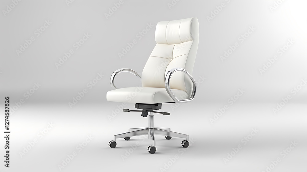 A white office chair with a curved backrest and chrome base on a white background A white office chair with a curved backrest and chrome base on a white background