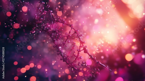 Abstract DNA helix in vibrant pink and orange hues, glowing particles and bokeh effect.