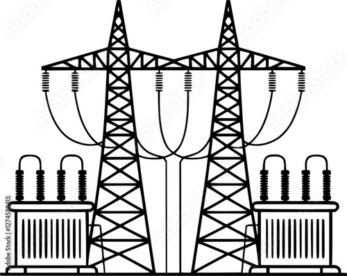 Line drawing of a power substation with transmission towers.