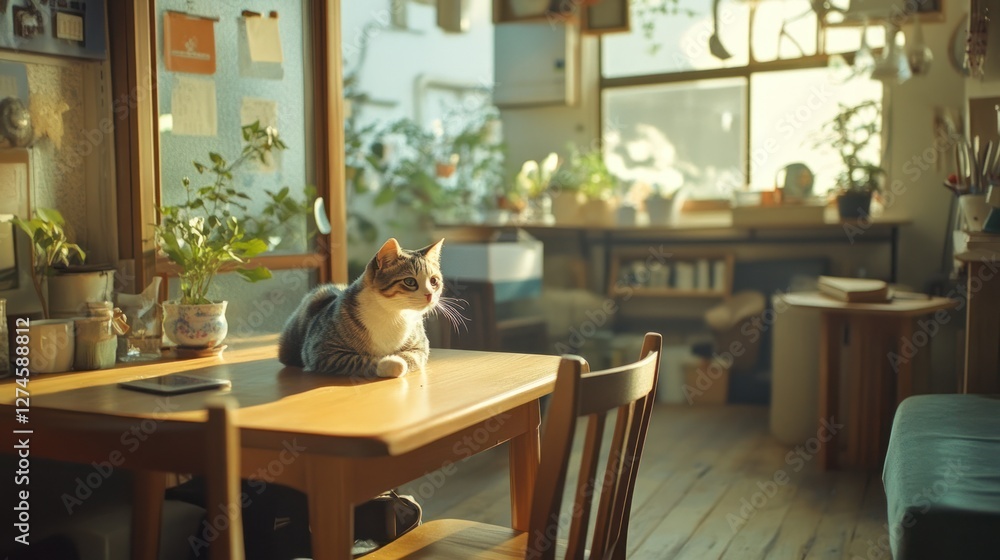 Sunlit tabby cat resting on wooden table in cozy home. Sunlit tabby cat resting on wooden table in cozy home.