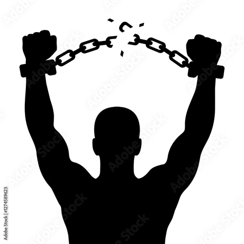 Silhouette of a man breaking chains, symbolizing liberation. vector illustration