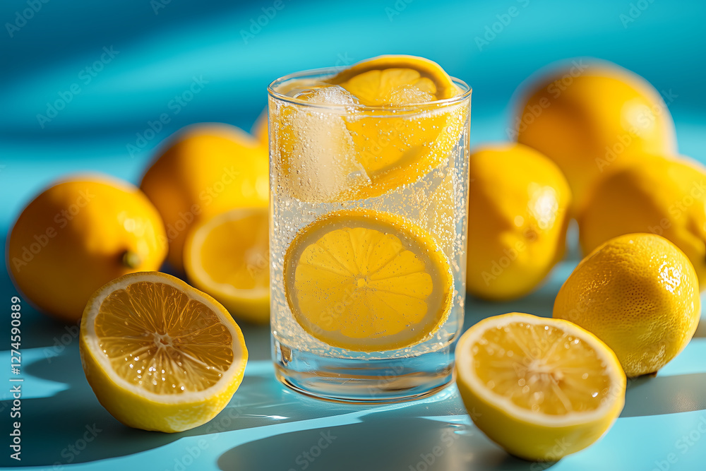 glass of lemonade with lemons in the background glass of lemonade with lemons in the background