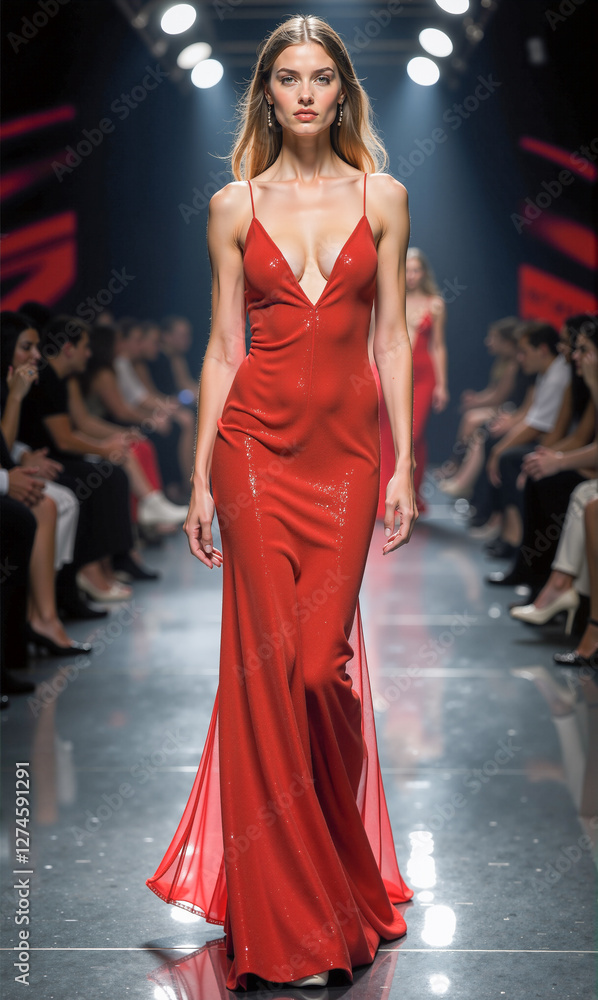 Model showcases elegant red dress on runway at fashion show in a modern venue Model showcases elegant red dress on runway at fashion show in a modern venue