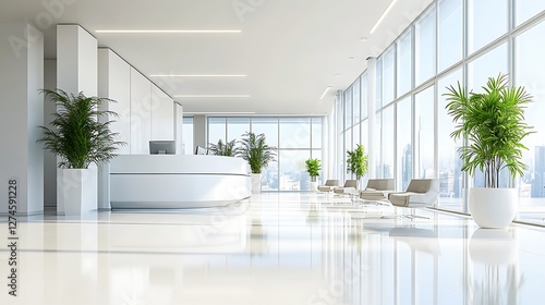 Modern Office Lobby with White Reception and City View