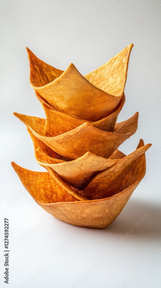 Fototapeta premium Five golden tortilla bowls showcase their unique shapes and crispy textures on a light backdrop