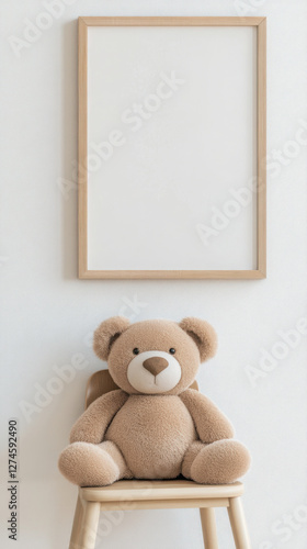 Cozy interior with plush toy and blank wall art frame for design inspiration