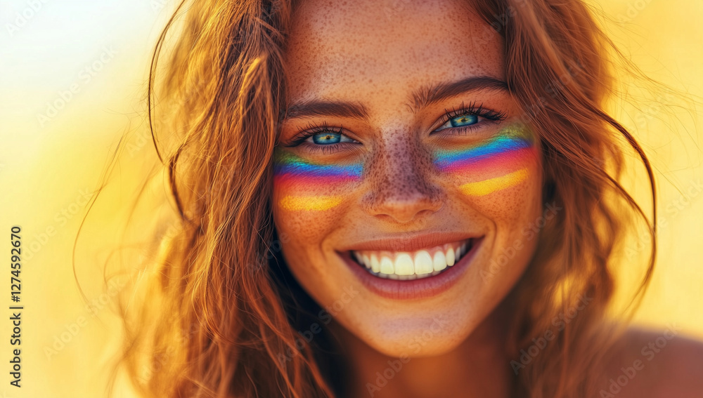 Portrait of Attractive Woman with Blue Eyes and Colorful Rainbow Face Paint on Soft Yellow Background Portrait of Attractive Woman with Blue Eyes and Colorful Rainbow Face Paint on Soft Yellow Background
