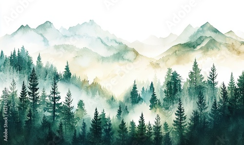 A seamless mountain landscape in watercolor style, hand-drawn to depict realistic elements of wild nature. The scene features pines and a mountain vista, with a green forest that extends endlessly