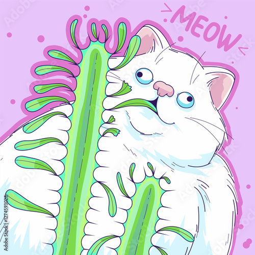 The fat white cat is eating a houseplant. Cozy and funny vector illustration.