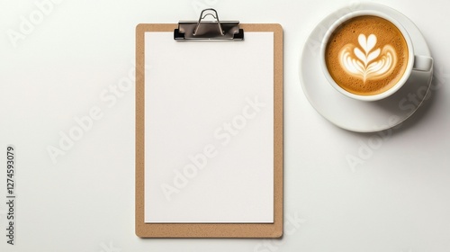 Stylish coffee shop menu mockup, clipboard design with a cup of cappuccino nearby