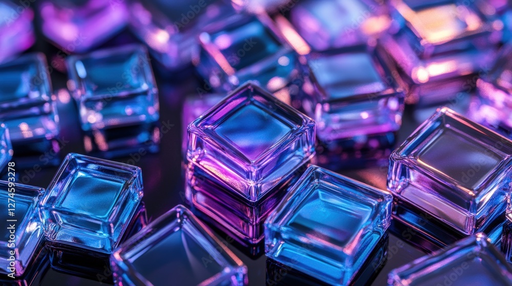 Glowing glass cubes scattered on dark surface, abstract background, tech design Glowing glass cubes scattered on dark surface, abstract background, tech design