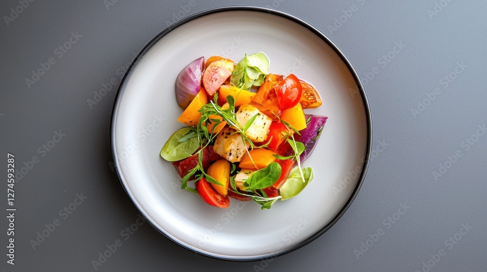 Vegan diet meal with colorful plant-based ingredients, served on a minimalist plate Vegan diet meal with colorful plant-based ingredients, served on a minimalist plate