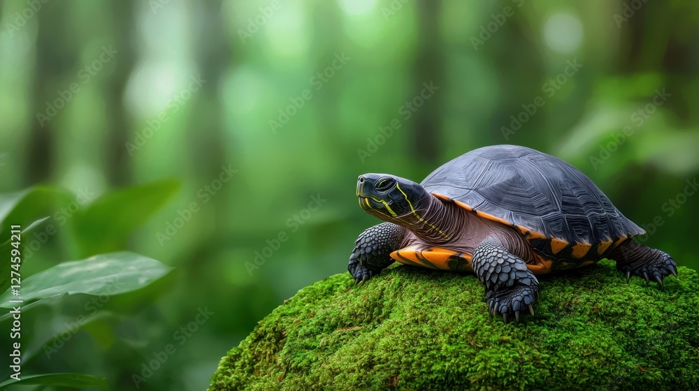 Fototapeta premium A land turtle resting on a mossy rock in a lush green forest, blending with nature.
