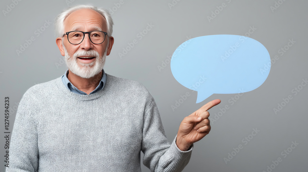 Stylish senior professor pointing at a blue speech bubble with his index finger, expressing a concept related to communication, ideas, and sharing thoughts Stylish senior professor pointing at a blue speech bubble with his index finger, expressing a concept related to communication, ideas, and sharing thoughts