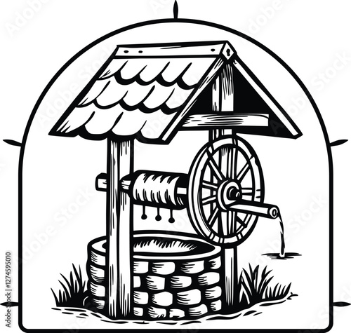 Rustic well in nature Well engraving  vector, engraving sketch ink poster black illustration etching style tattoo