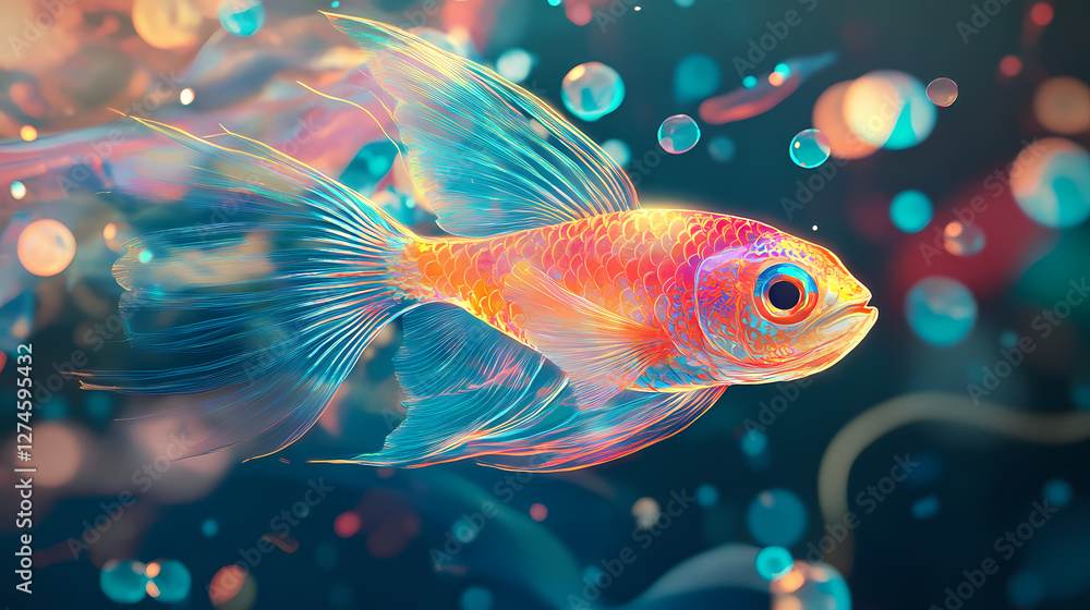 A vibrant, stylized fish swims through surreal underwater scenery with translucent fins and glowing bubbles. Surreal Translucent Creatures. Illustration A vibrant, stylized fish swims through surreal underwater scenery with translucent fins and glowing bubbles. Surreal Translucent Creatures. Illustration
