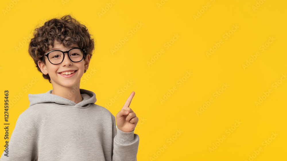 Portrait of a cheerful boy wearing glasses and pointing his finger towards copy space on a yellow background Portrait of a cheerful boy wearing glasses and pointing his finger towards copy space on a yellow background