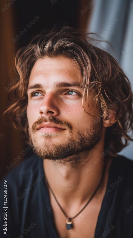 Bearded man with long hair and blue eyes wearing black t-shirt and necklace, gazing upward with confident expression Bearded man with long hair and blue eyes wearing black t-shirt and necklace, gazing upward with confident expression