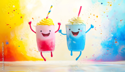 Two joyful anthropomorphic milkshakes in pink and blue, holding hands and jumping in celebration, symbolizing fun, friendship, and happiness. Concept of joy, togetherness, and celebration