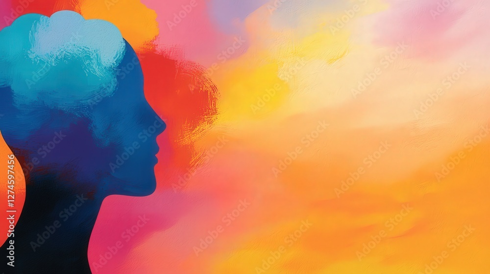 A colorful silhouette of a human head with abstract patterns representing creativity, thoughts, and emotions against a vibrant background. A colorful silhouette of a human head with abstract patterns representing creativity, thoughts, and emotions against a vibrant background.