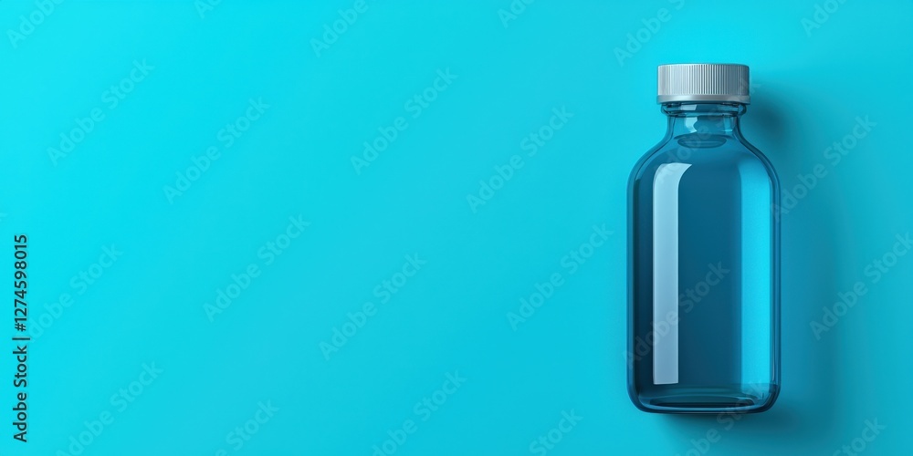 A clear glass bottle filled with blue liquid rests on a vibrant turquoise background, creating a modern and minimalist aesthetic. A clear glass bottle filled with blue liquid rests on a vibrant turquoise background, creating a modern and minimalist aesthetic.