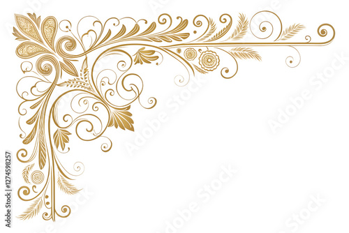 Elegant filigree corner decoration in gold on a transparent background	