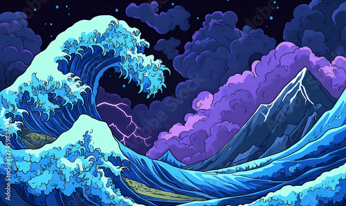 Quadro su tela Colorful night wave artwork; stylized rendition of the Great Wave off Kanagawa