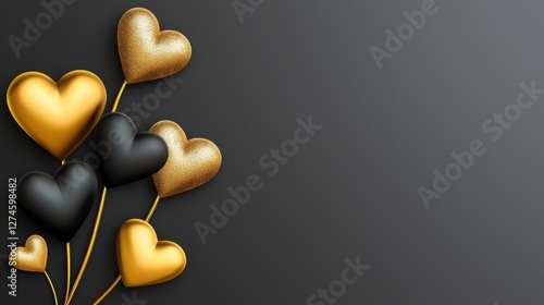 Black and gold Valentines Day banner with sophisticated metallic heart elements