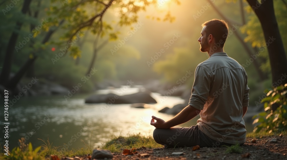 Fototapeta premium A man meditating by a calm river in a tranquil forest, bathed in soft morning light, evoking a peaceful, spiritual connection with nature.