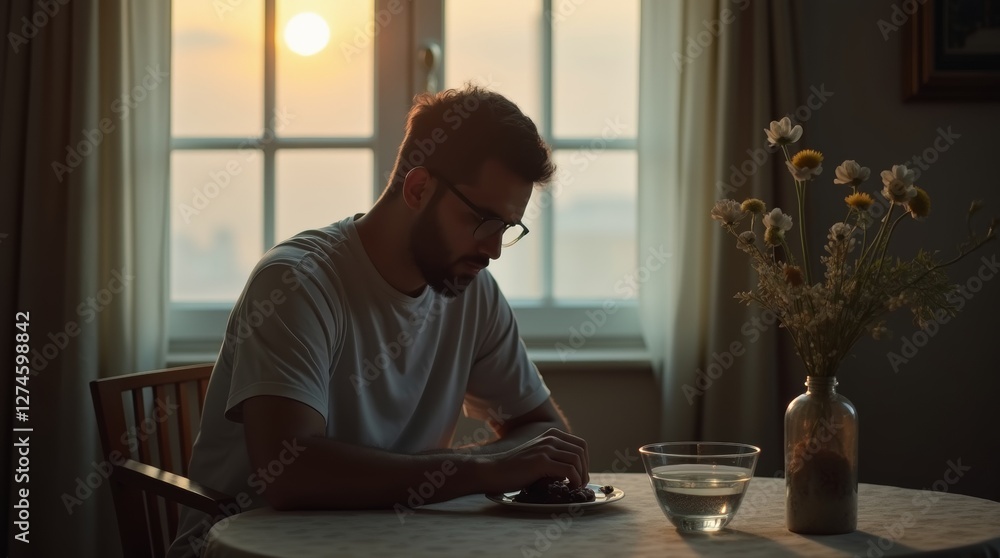 A man quietly sitting at a table during Suhur, with a simple meal of dates and water, bathed in soft pre-dawn light, evoking calm reflection and spiritual peace. A man quietly sitting at a table during Suhur, with a simple meal of dates and water, bathed in soft pre-dawn light, evoking calm reflection and spiritual peace.