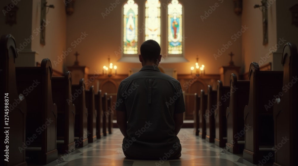 A man in quiet devotion, sitting alone in a church, bathed in soft candlelight, deep in prayer, surrounded by traditional pews and stained glass windows, creating a peaceful, spiritual ambiance. A man in quiet devotion, sitting alone in a church, bathed in soft candlelight, deep in prayer, surrounded by traditional pews and stained glass windows, creating a peaceful, spiritual ambiance.