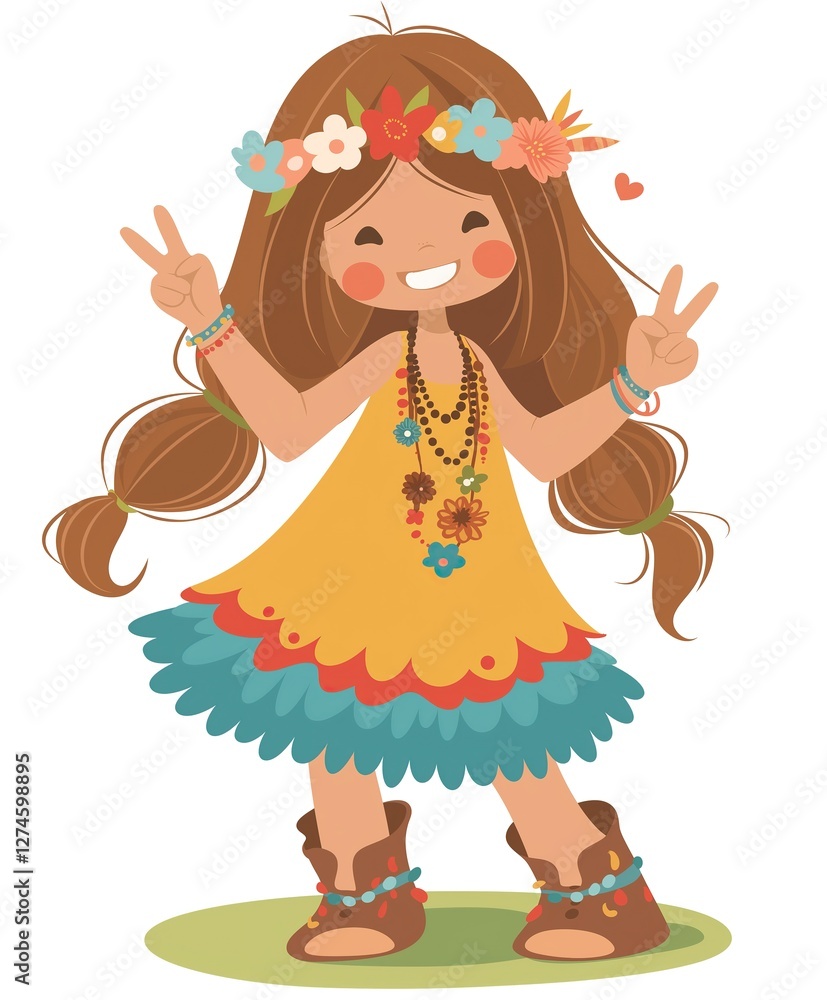Fototapeta premium boho girl wearing flower crown smiling with joy, cute cartoon girl, character design illustration isolated on white background