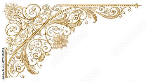 Elegant filigree corner decoration in gold on a transparent background	